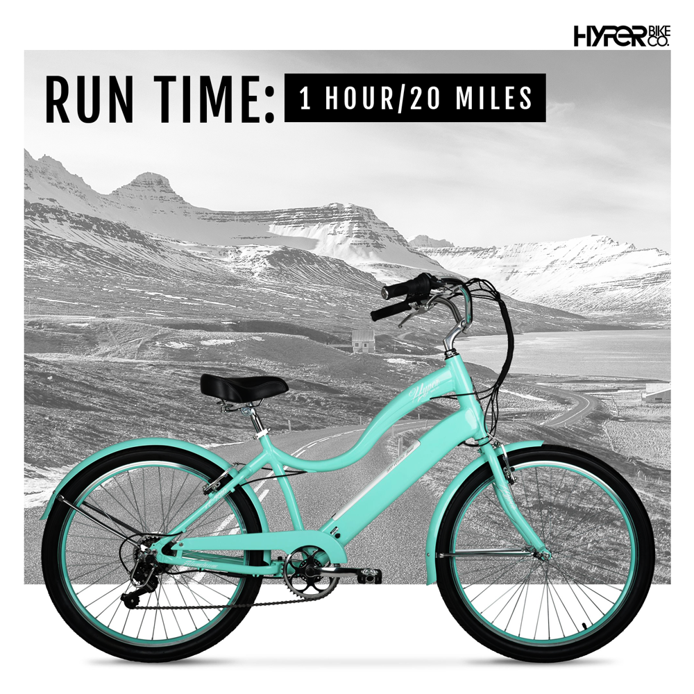 Hyper Bicycles Electric Bicycle Pedal Assist Woman's Cruiser, 26 In. Wheels, Turquoise